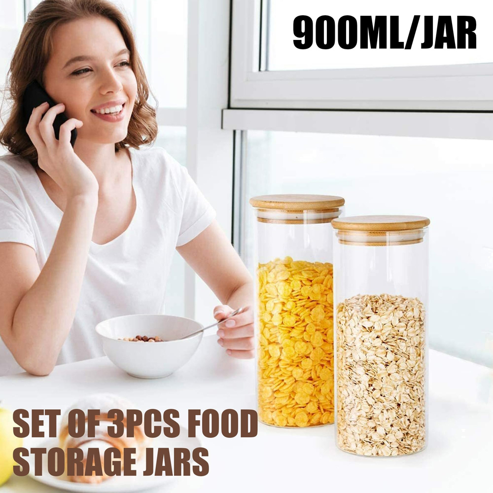 ATEK Clear Glass Food Storage Jars with Airtight Bamboo Lid 900ml 3 Pack Image 8
