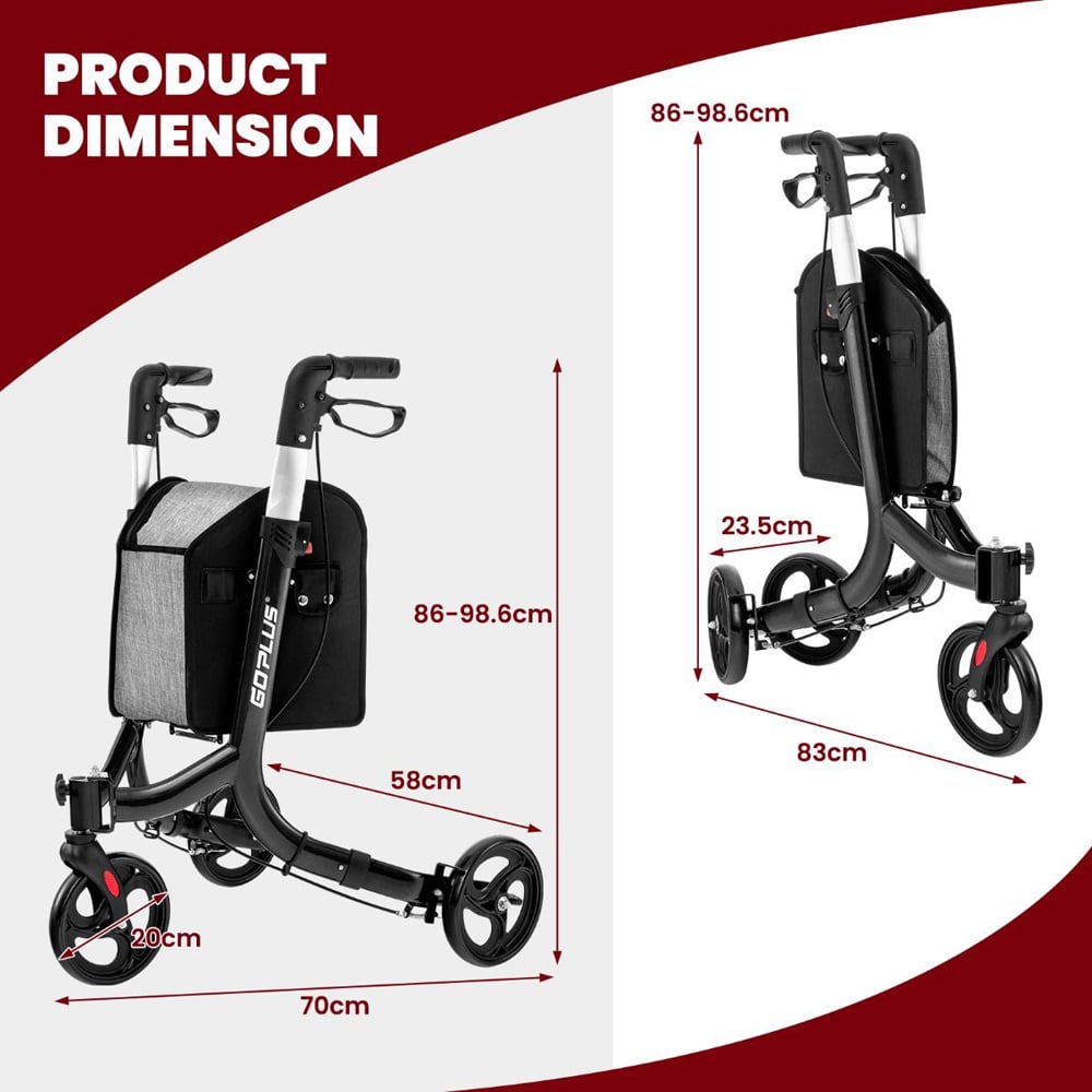 Costway Black Folding Aluminium Rolling Walker with Zippered Storage Bag Image 8