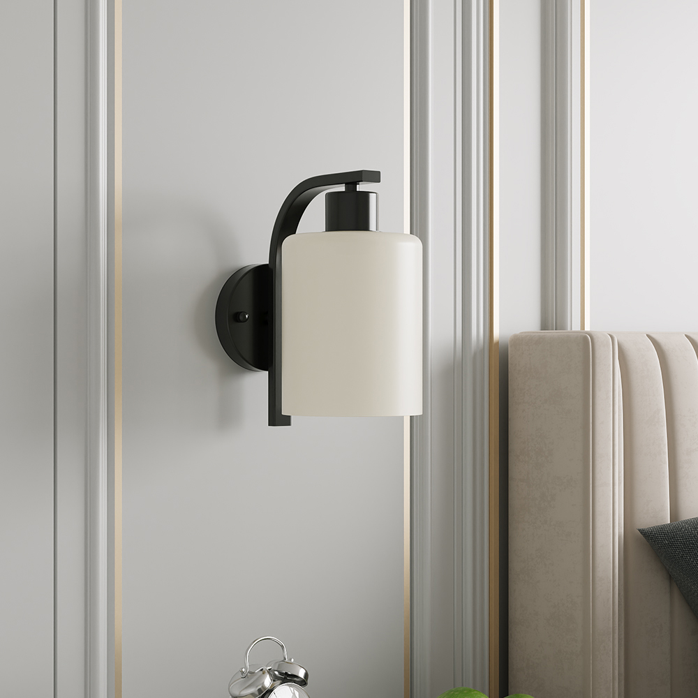 Living and Home White Glass Shade Black E27 Wall Light Image 2