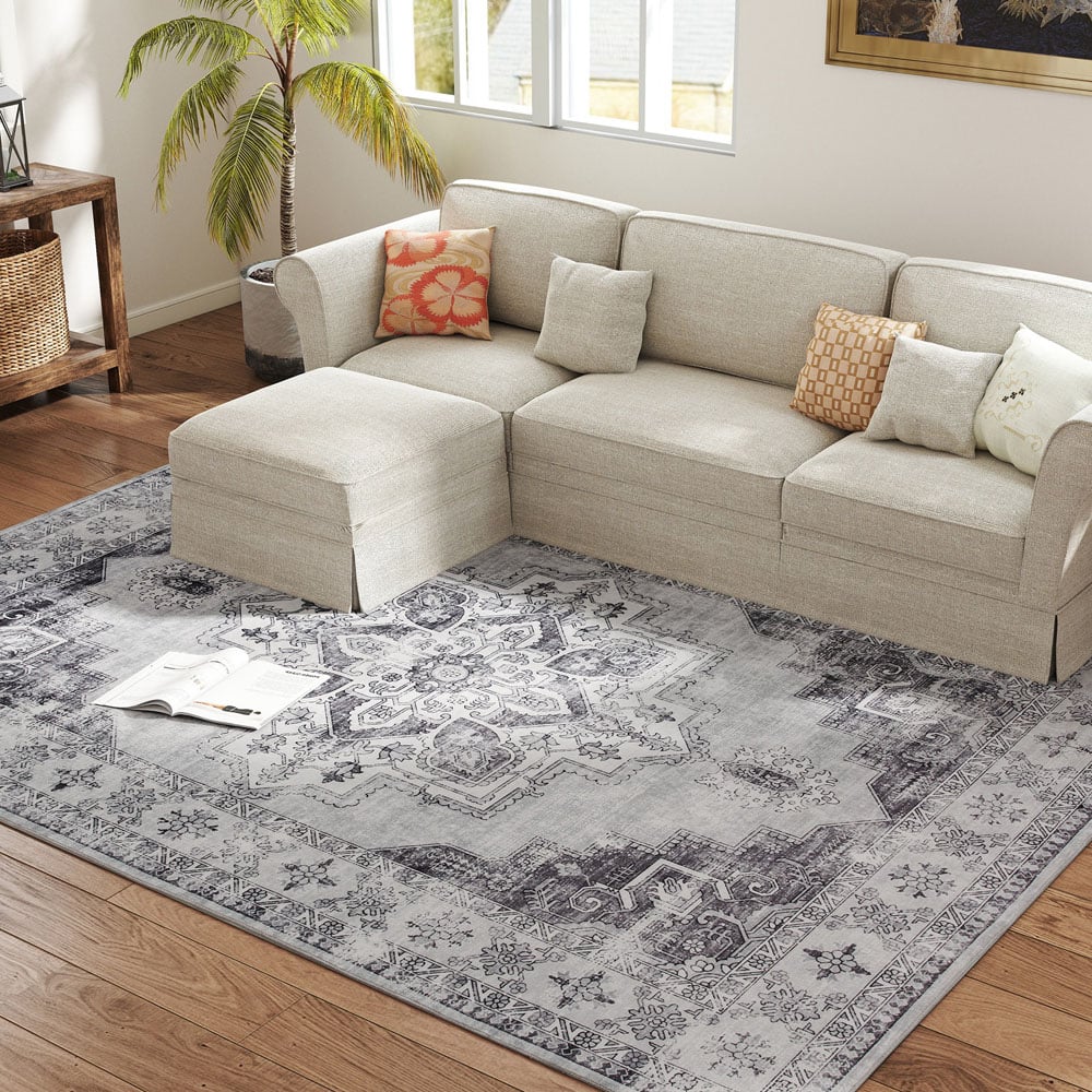 HOMCOM Grey Floral Flannel Non Slip Rug 290 x 200cm Image 3