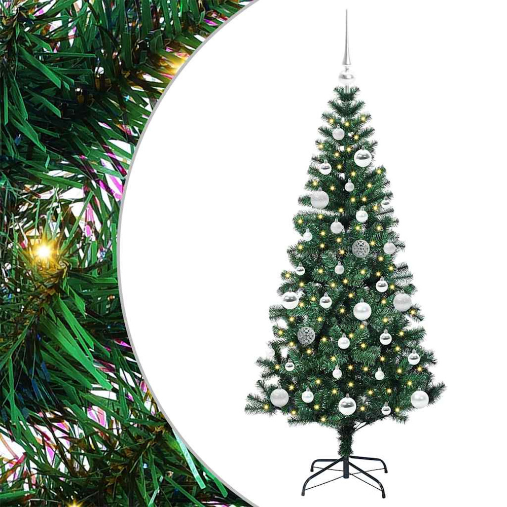 vidaXL Pre-Lit Silver Baubles Green Artificial Christmas Tree 5ft Image 2