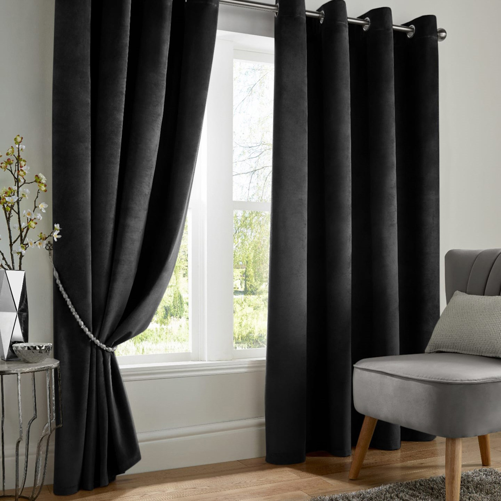 Alan Symonds Black Velvet Blackout Ring Top Eyelet Curtains 117 x 183cm Image 1
