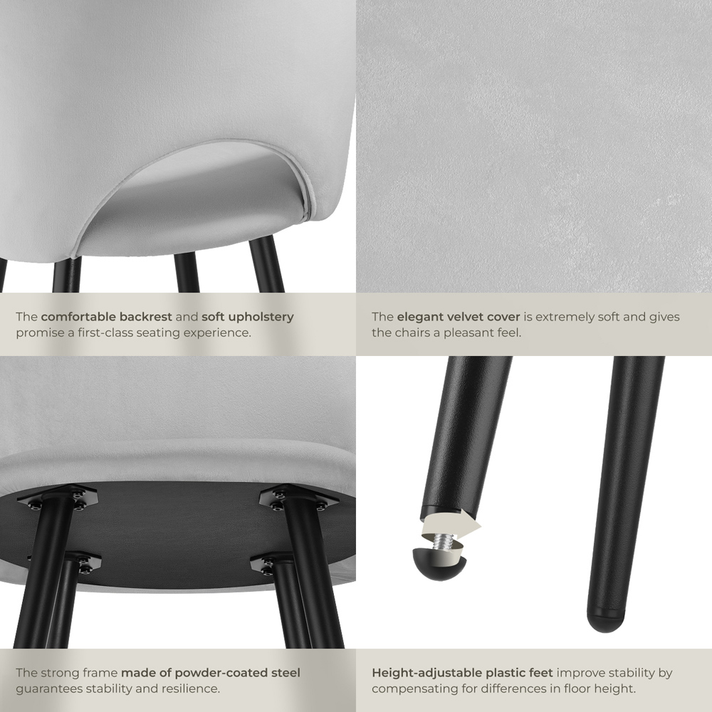 tectake Rachel Light Grey and Black Velvet Look Bar Stool Set of 6 Image 5