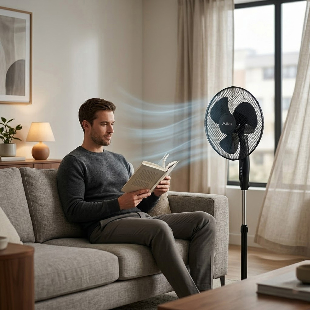 Alivio Black 3 Blade Quiet Adjustable Oscillating Pedestal Floor Fan 45W Image 3