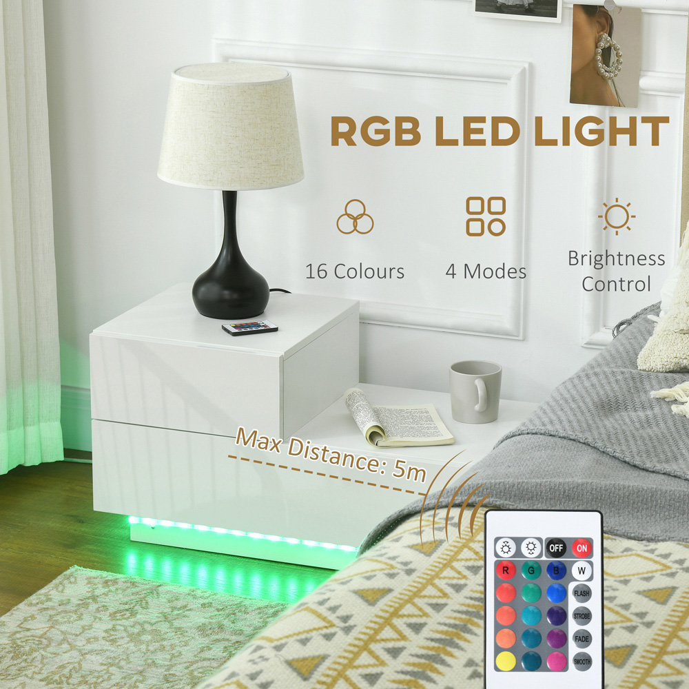 Portland 2 Drawers White High Gloss Bedside Table with LED and Remote Image 4