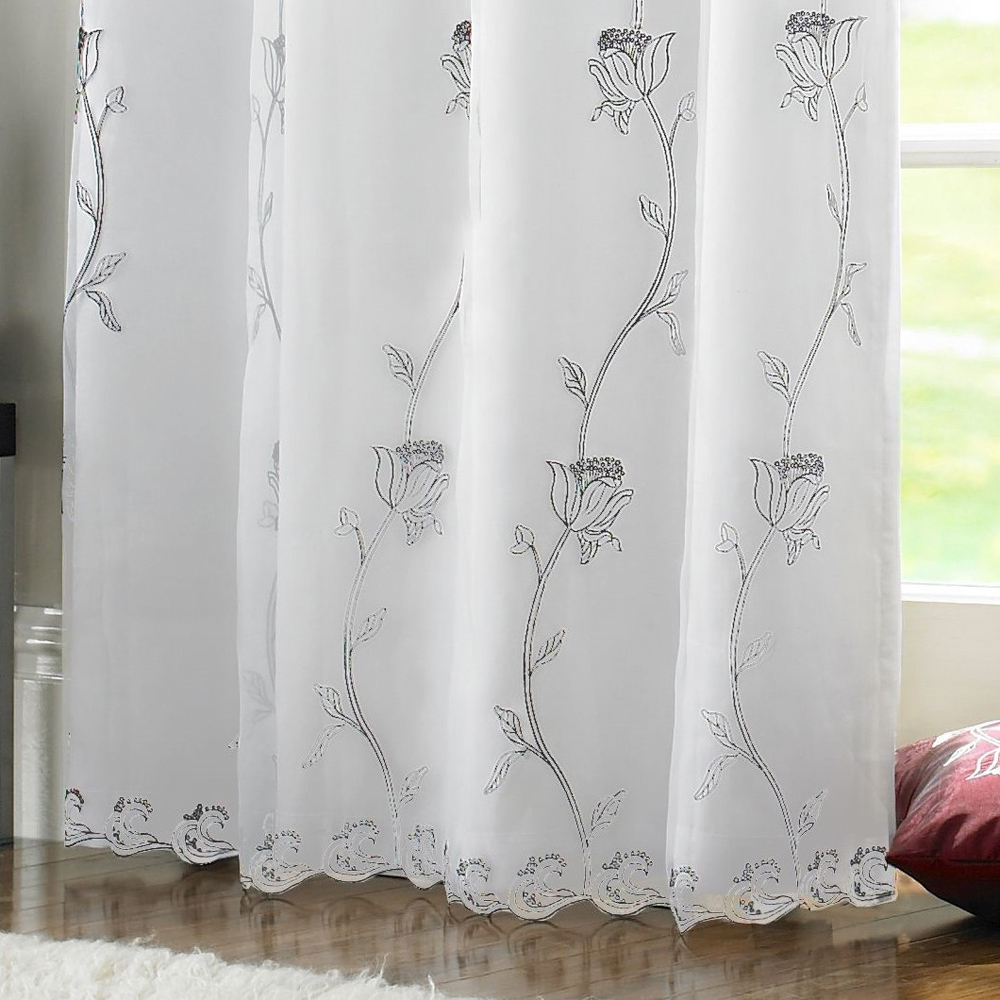 Alan Symonds Tahiti Silver and White Floral Lined Ring Top Eyelet Voile Curtains 142 x 137cm Image 3