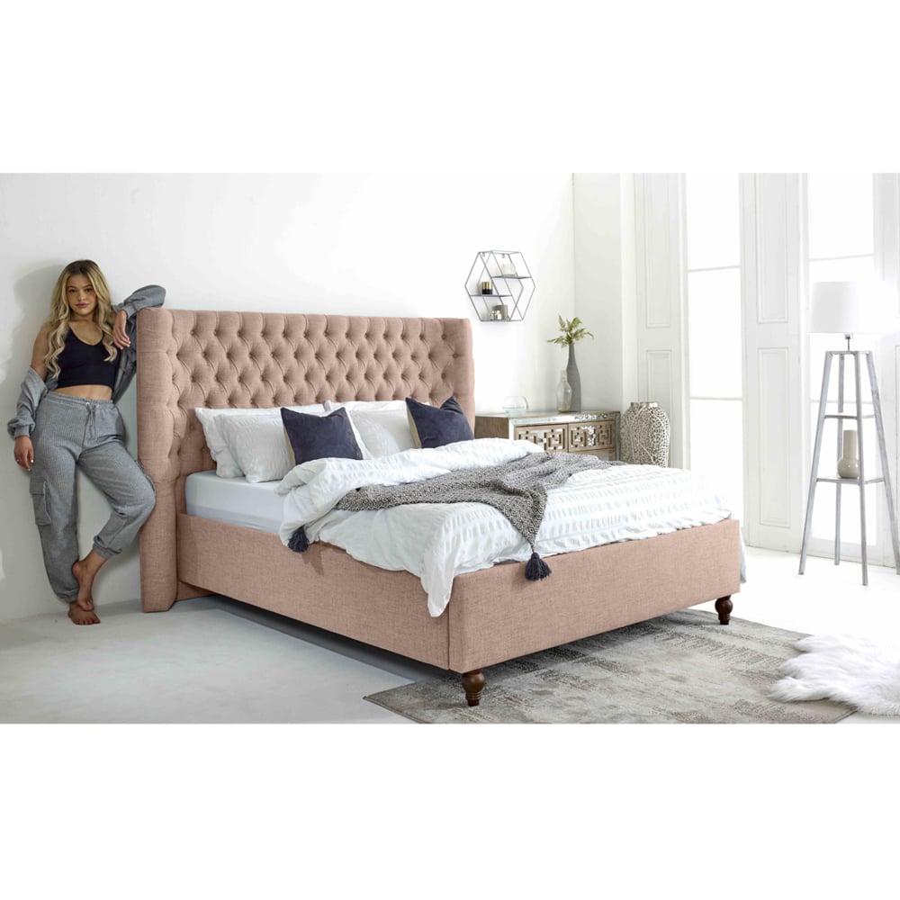 Eleganza Dinah Super King Size Oatmeal Grampian Fabric Bed Frame with Winged Headboard Image 5