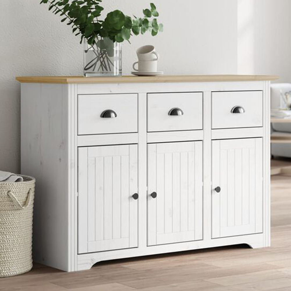 vidaXL Bodo 3 Door 3 Drawer White and Brown Solid Pine Wood Sideboard Image 1