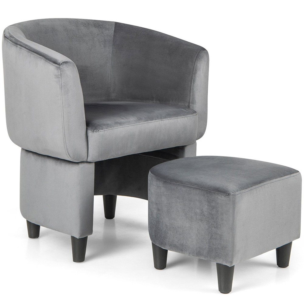 Costway Grey Upholstered Velvet Armchair with Ottoman Image 2
