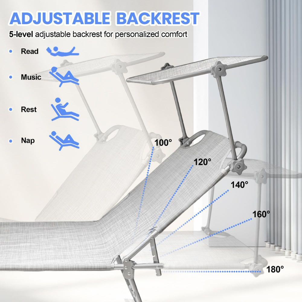 Alivio Beige Foldable Recliner Sun Lounger with Adjustable Sunshade Image 7