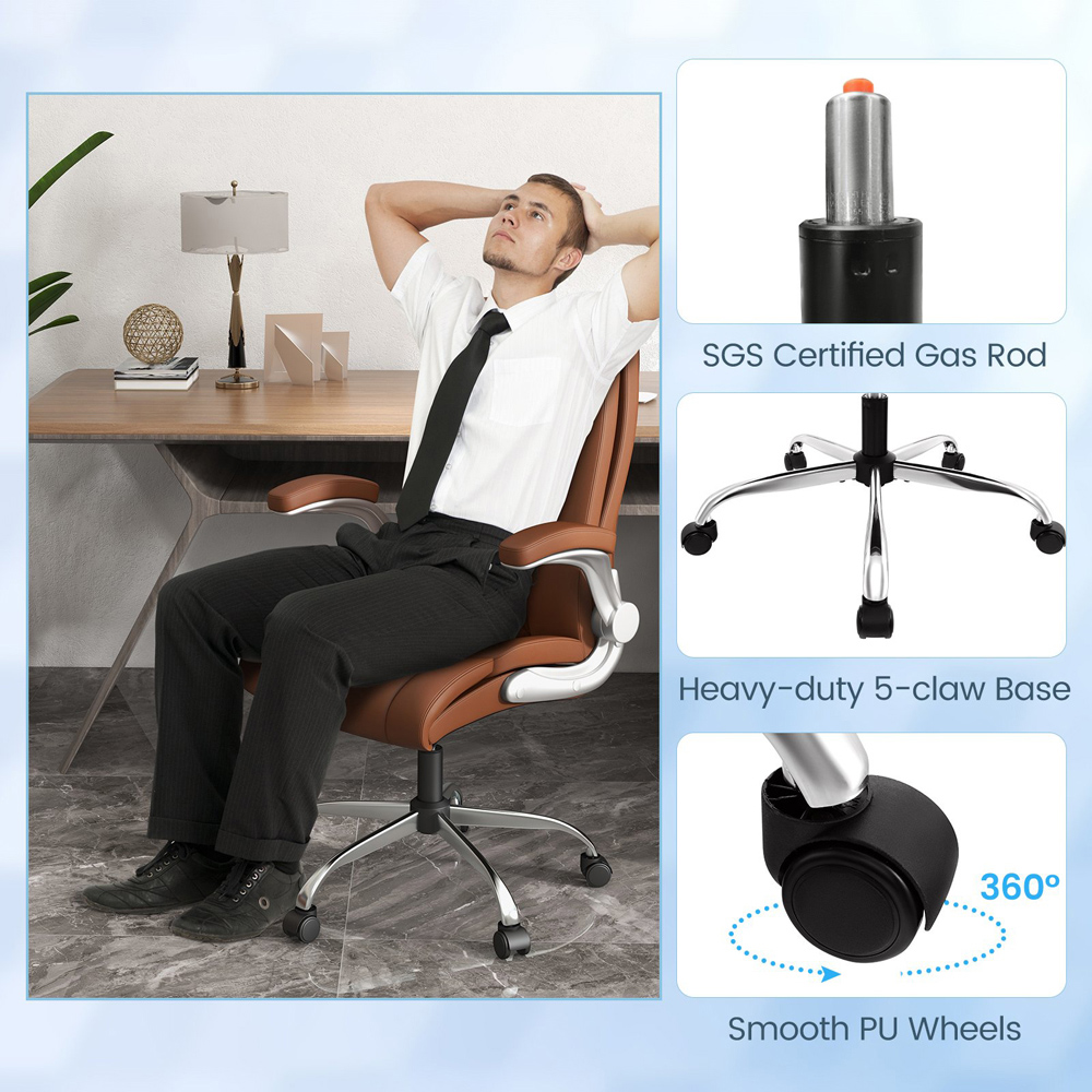 Costway Brown Adjustable PU Leather Office Chair Image 3