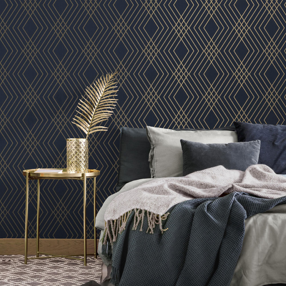 Fine Decor Shard Trellis Navy and Gold Wallpaper Image 4