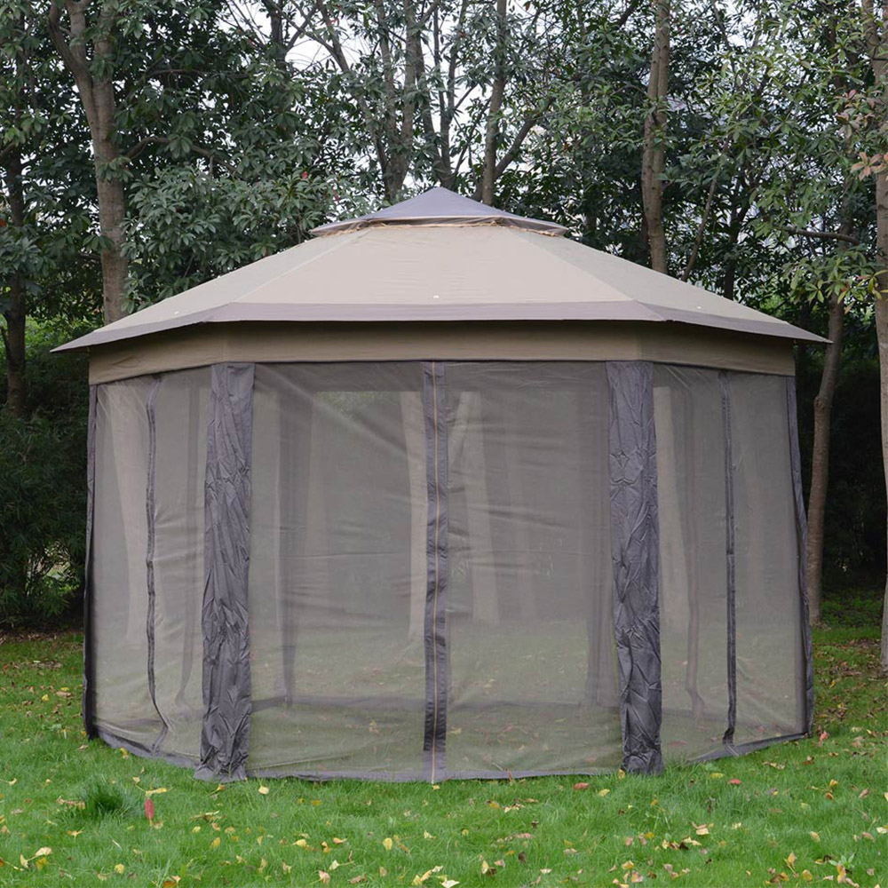 Outsunny 4 x 4m Beige Hexagon Marquee Patio Gazebo with Sides Image 1