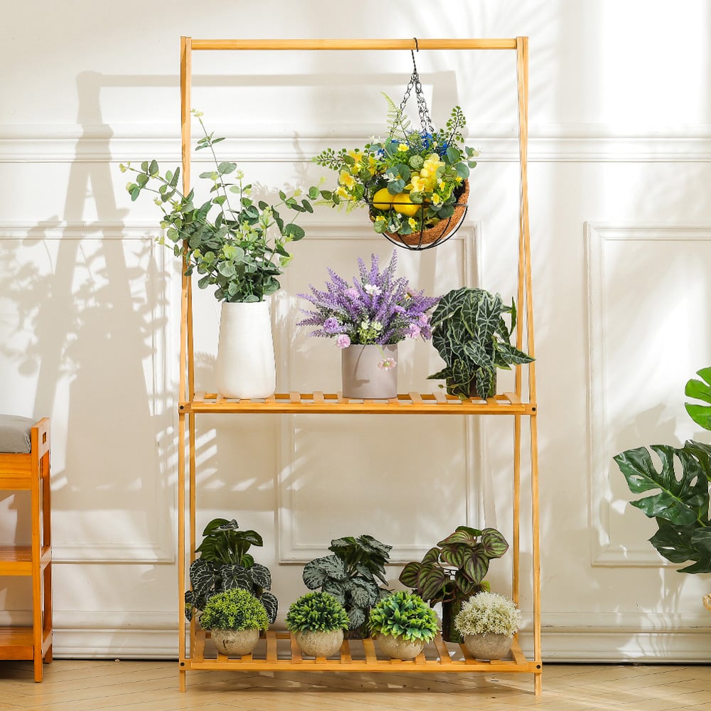 Living and Home 2 Shelf Bamboo Foldable Plant Stand with Hanging Rod Image 2