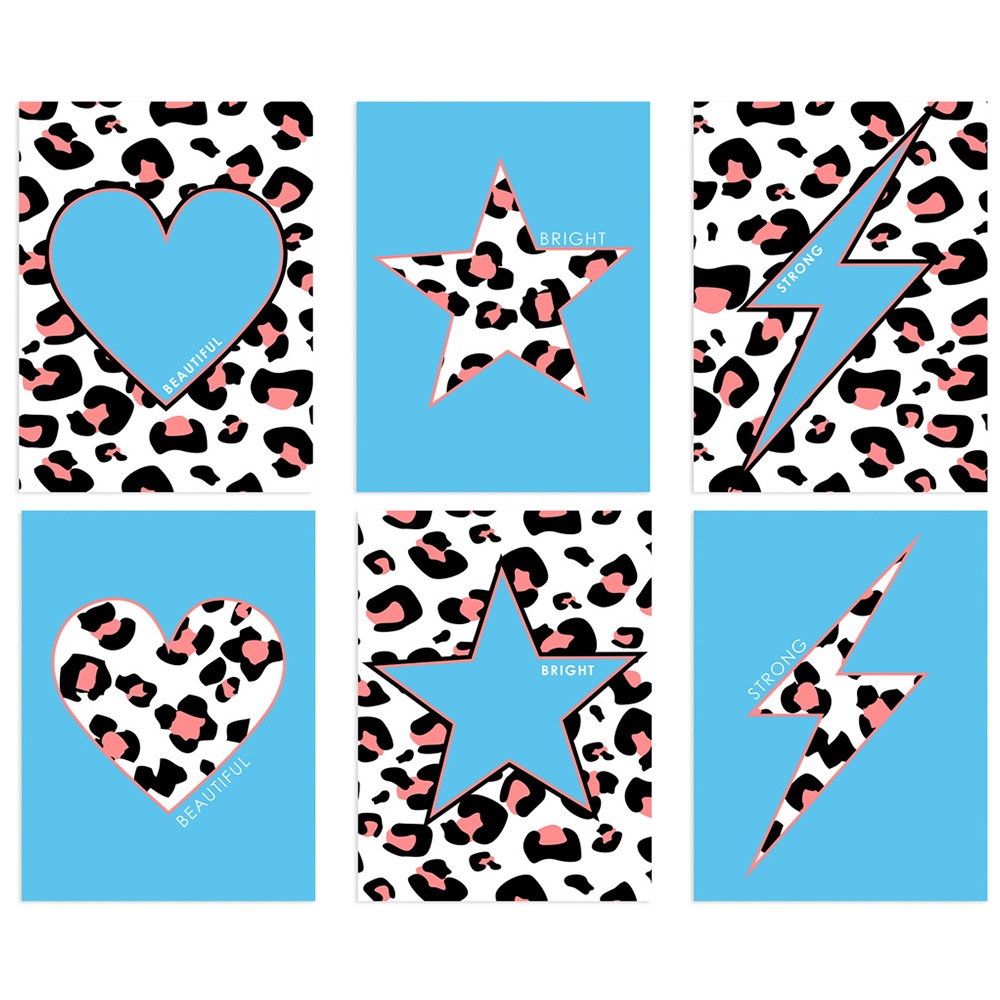 Wee Blue Coo Blue and Pink Leopard Pattern Bold Shapes Wall Art Print 30 x 41cm 6 Pack Image 1