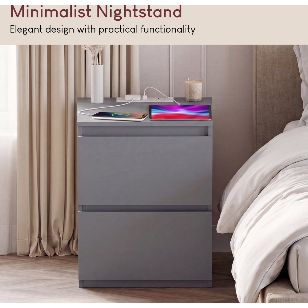 VIDA DESIGNS Denver 2 Drawer Grey Large Bedside Chest with Power Outlet Image 4