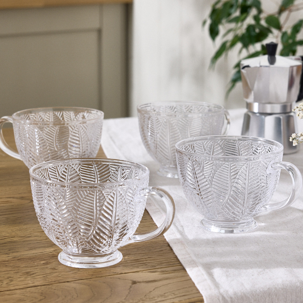 Dibor Feuille Embossed Botanical Design Glass Mug Set 4 Pack Image 2