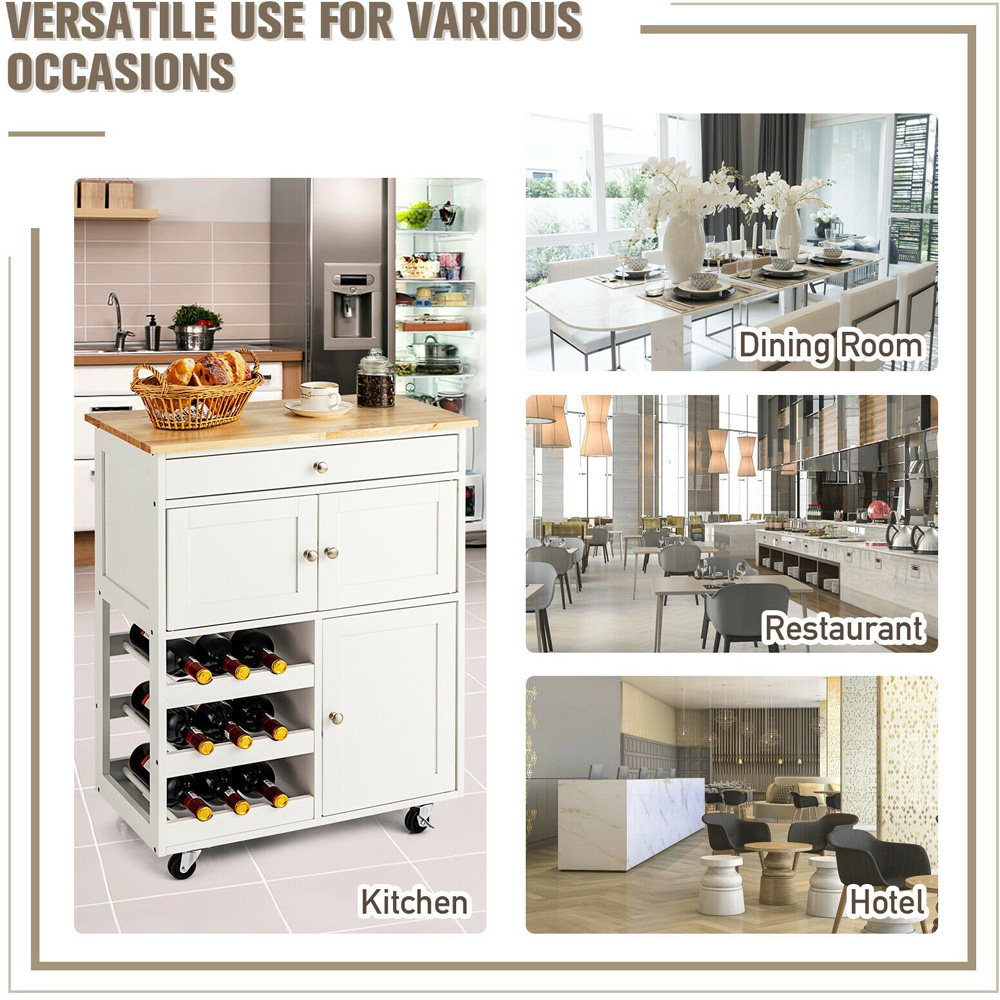 Costway White 3 Door Single Drawer and 3 Wine Racks Rolling Kitchen Cart Image 8