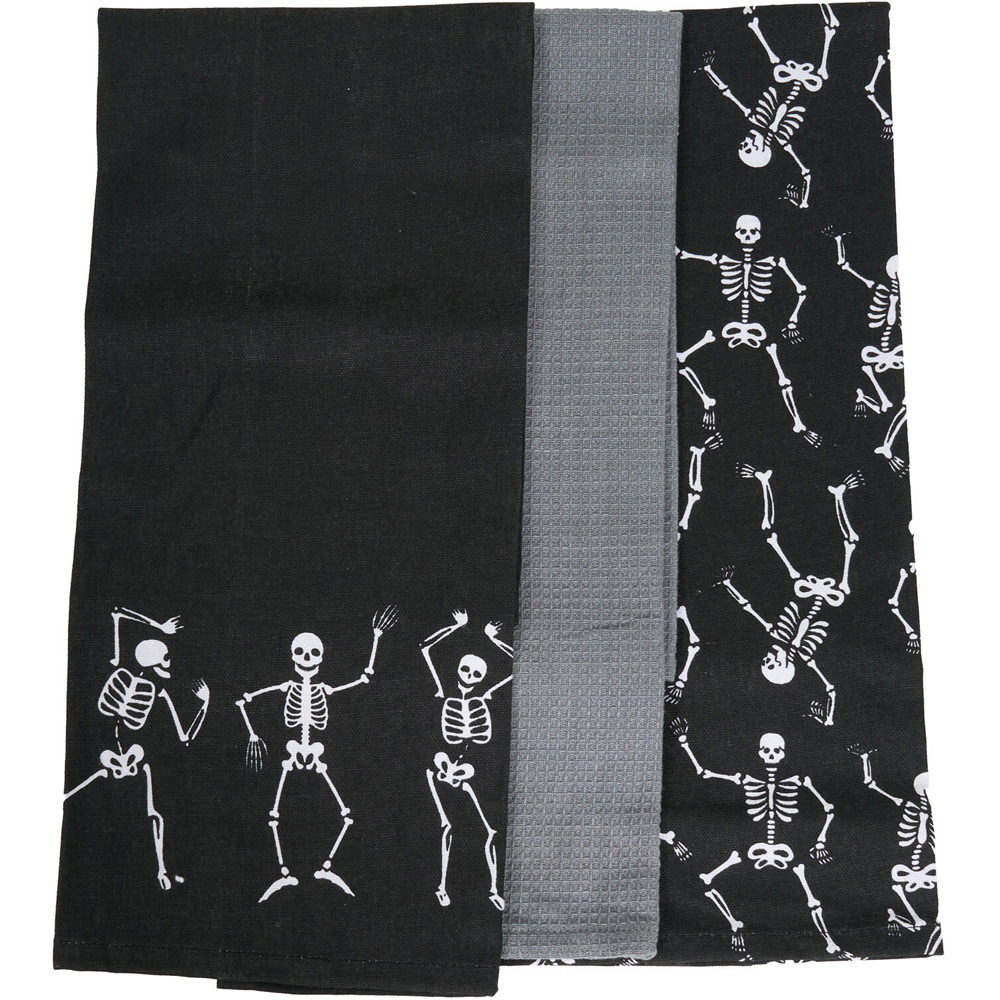 Pack of 3 Dancing Skeletons Tea Towels Black Image 2