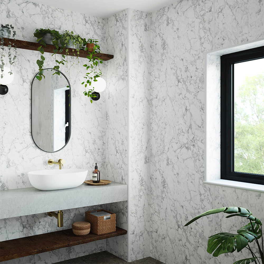 Wetwall Mermaid Tongue and Groove White Marble Plywood Shower Panel 2420 x 585mm Image 1