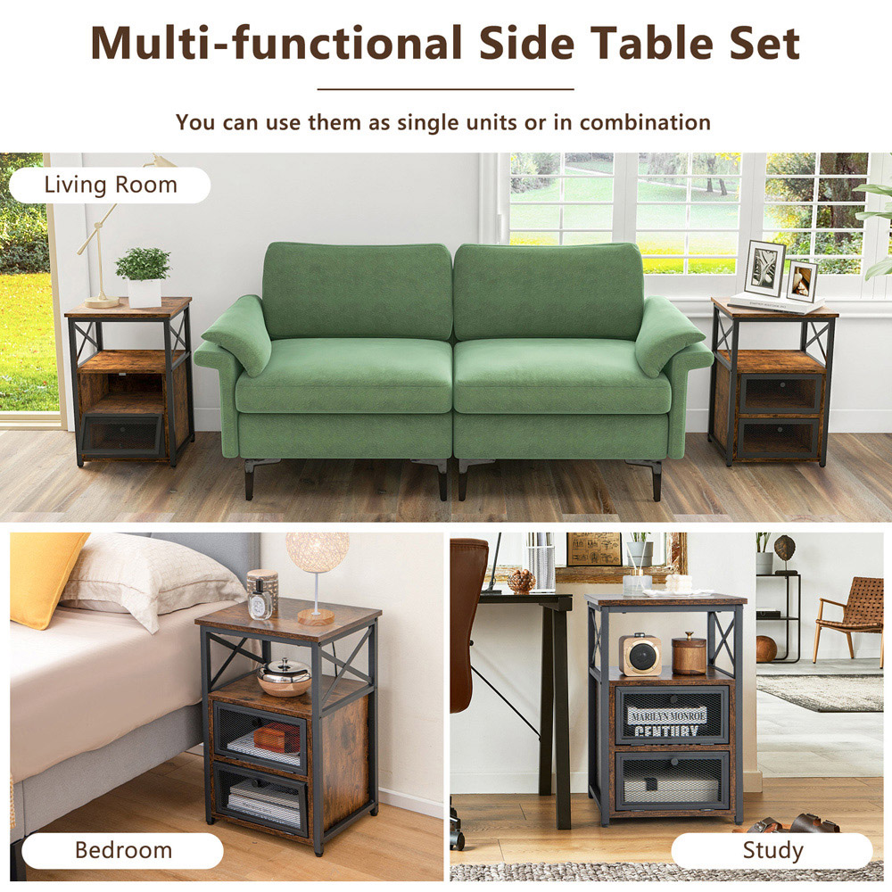 Costway 2 Door Single Shelf Rustic Brown Industrial Bedside Table Image 6
