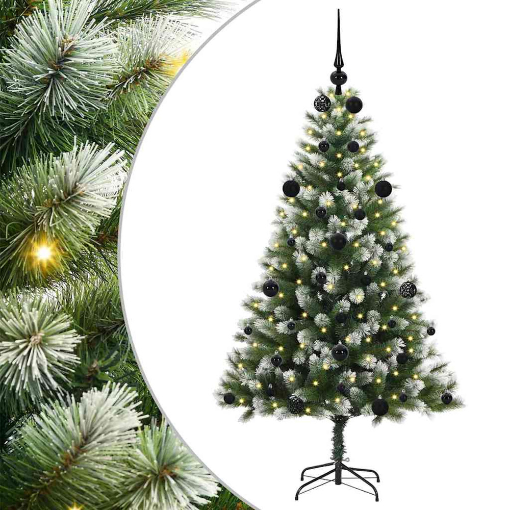 vidaXL Pre-Lit Black Baubles Green Artificial Snow Tipped Hinged Christmas Tree 5ft Image 2