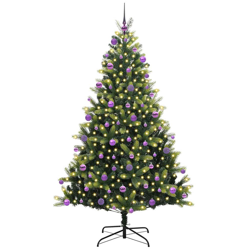 vidaXL Pre-Lit Lilac Baubles Green Artificial Hinged Christmas Tree 7ft Image 1