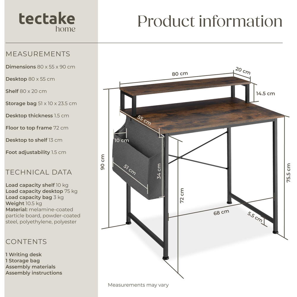 tectake Dark Wood Office Desk 80 x 55 x 90cm Image 8