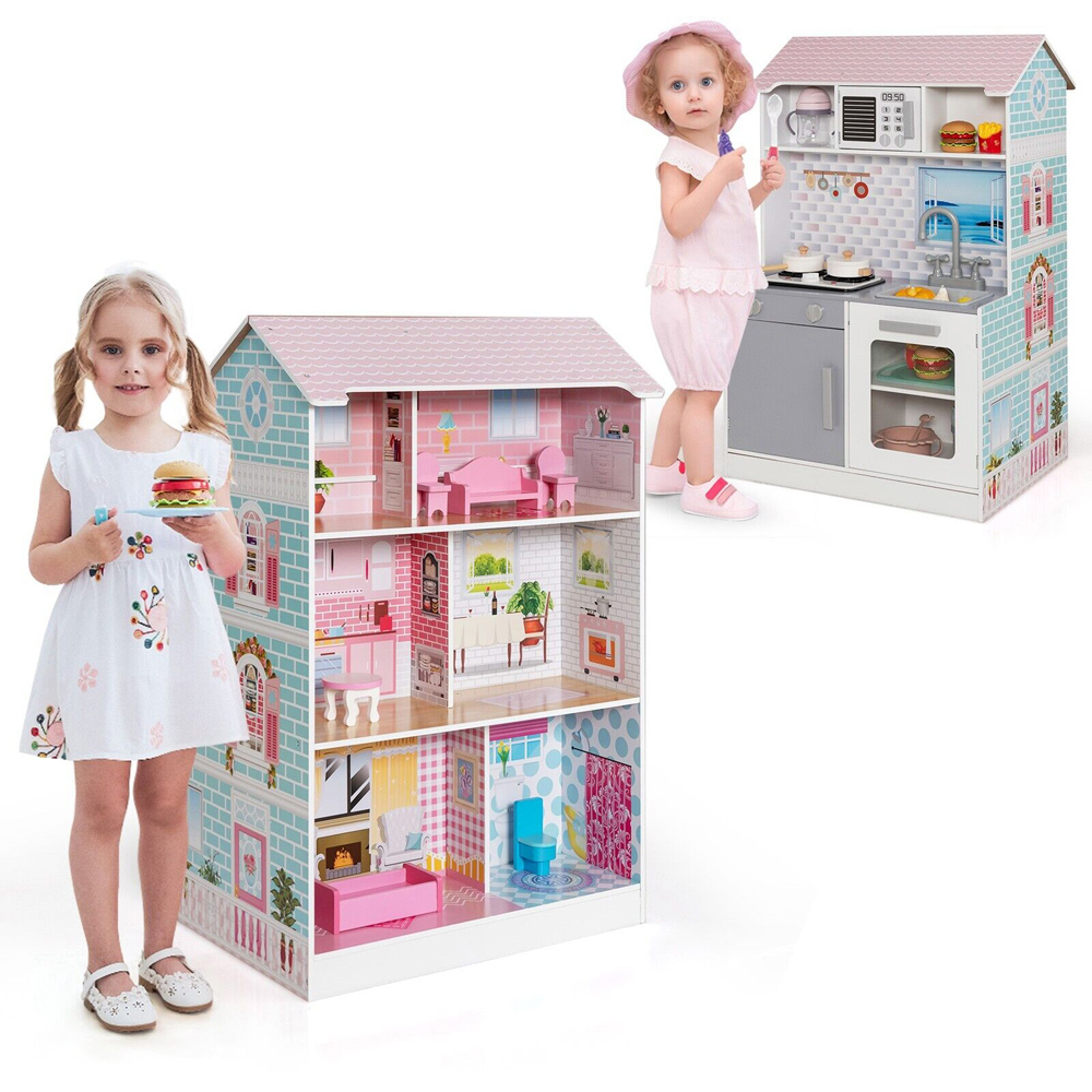 Costway Kids 2 in 1 Toy Kitchen and Dollhouse Play Set Image 3
