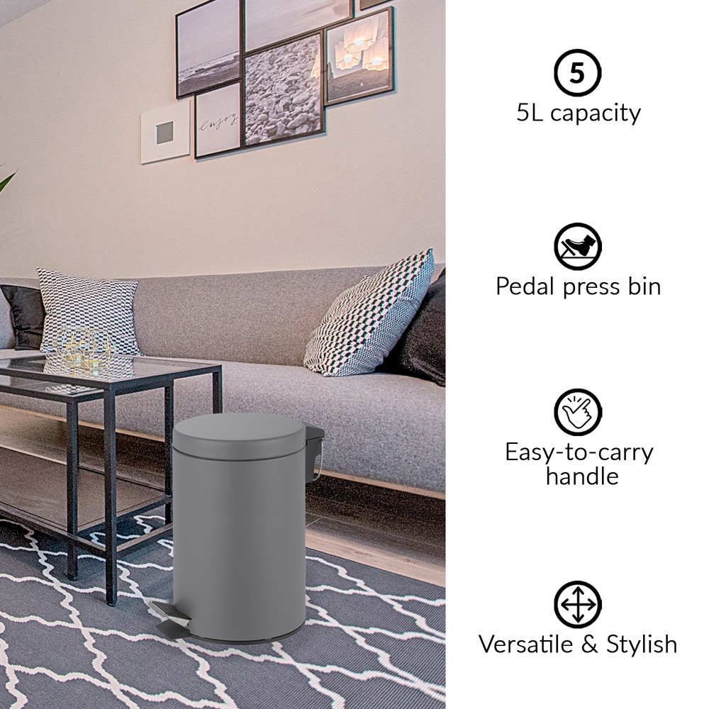Innoteck Essentials Grey Stainless Steel Pedal Bin 5L Image 4