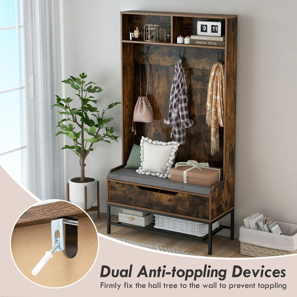 Costway 4 in 1 Rustic Brown Coat Rack with Seat Cushion Image 7
