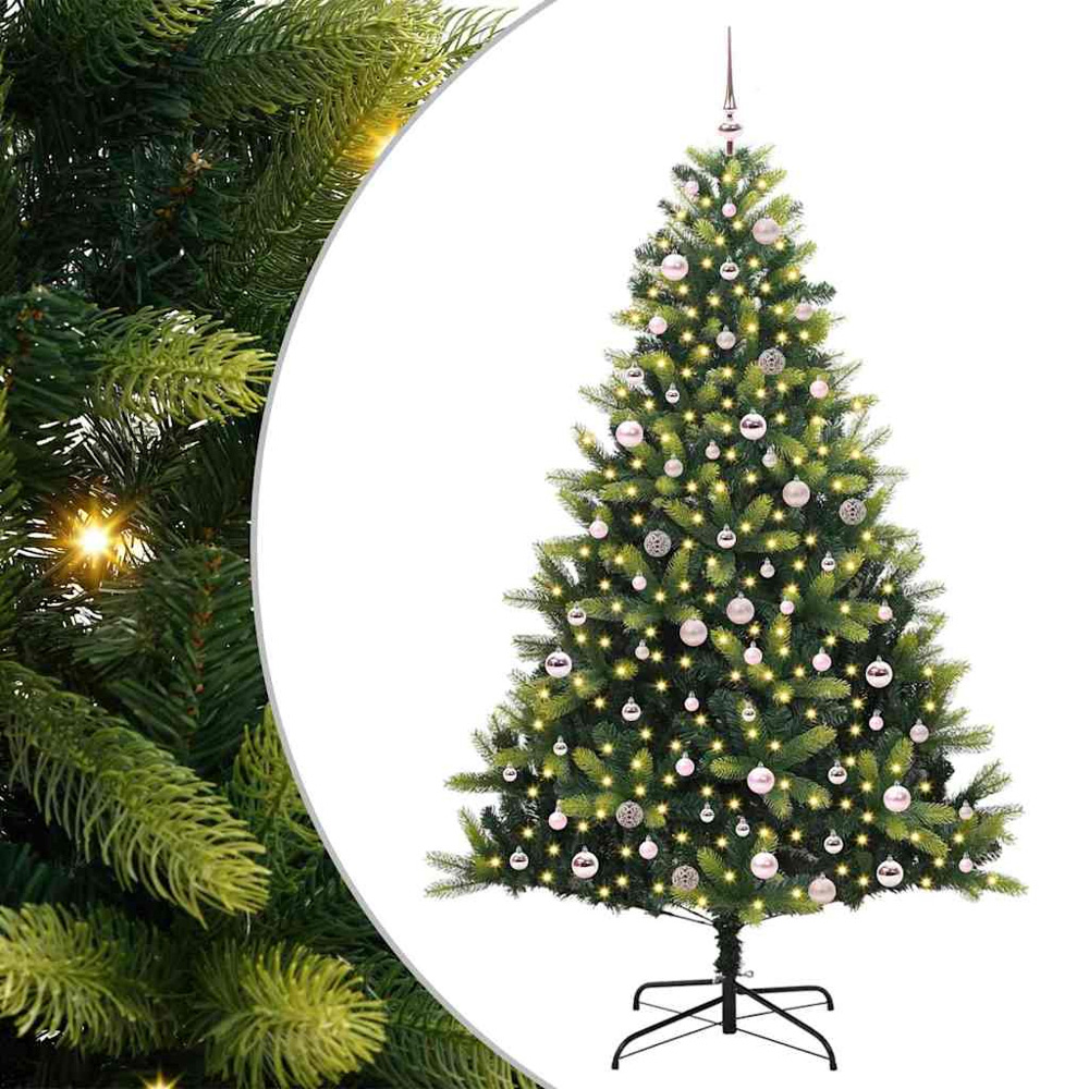 vidaXL Pre-Lit Pink Baubles Green Artificial Hinged Christmas Tree 8ft Image 2