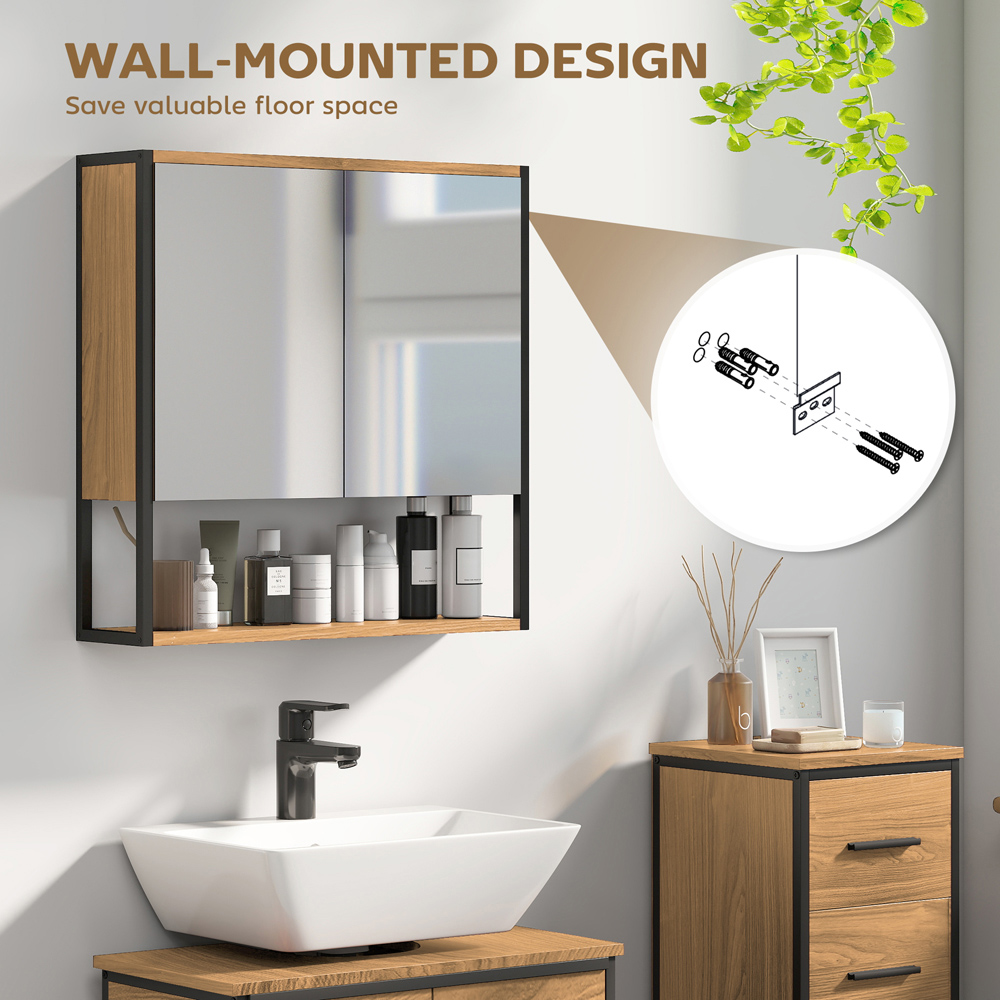HOMCOM 2 Door Natural Industrial Mirror Bathroom Cabinet Image 4