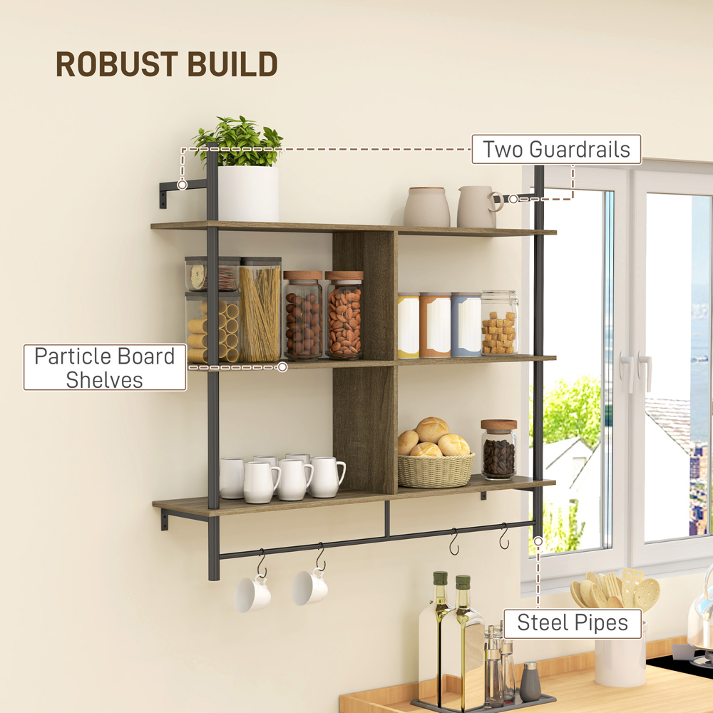 Portland 3 Shelf Grey Wood Effect Wall Unit with 4 Hooks Image 8