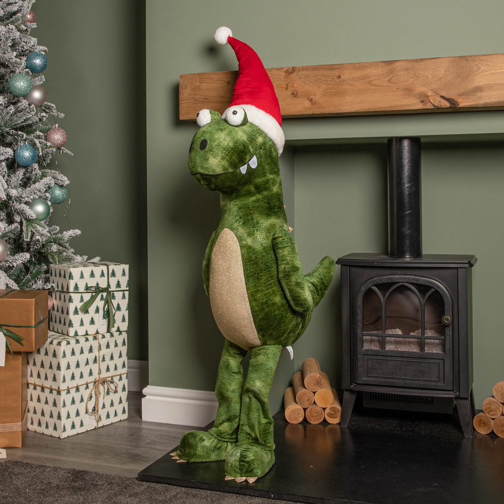 Samuel Alexander Humongous Green Standing Dinosaur with Santa Hat Christmas Decoration 117cm Image 2