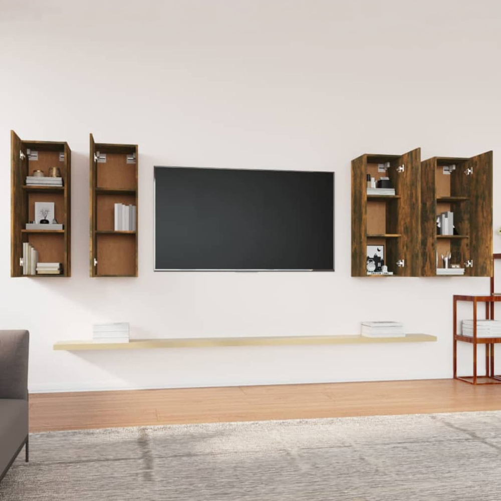 vidaXL Single Door Smoked Oak Wall Mounted TV Cabinet Set of 4 Image 1