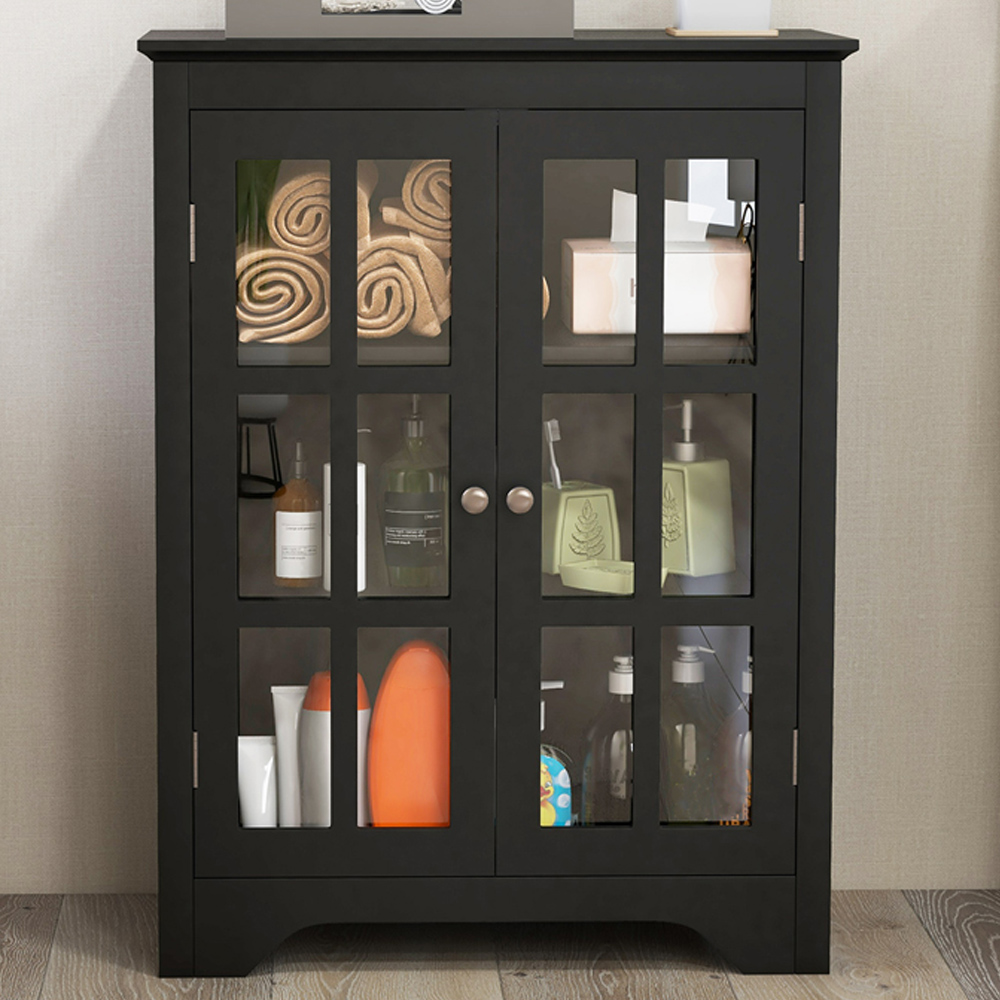 Costway 2 Door Black Glass Floor Cabinet with Adjustable Shelves Image 1