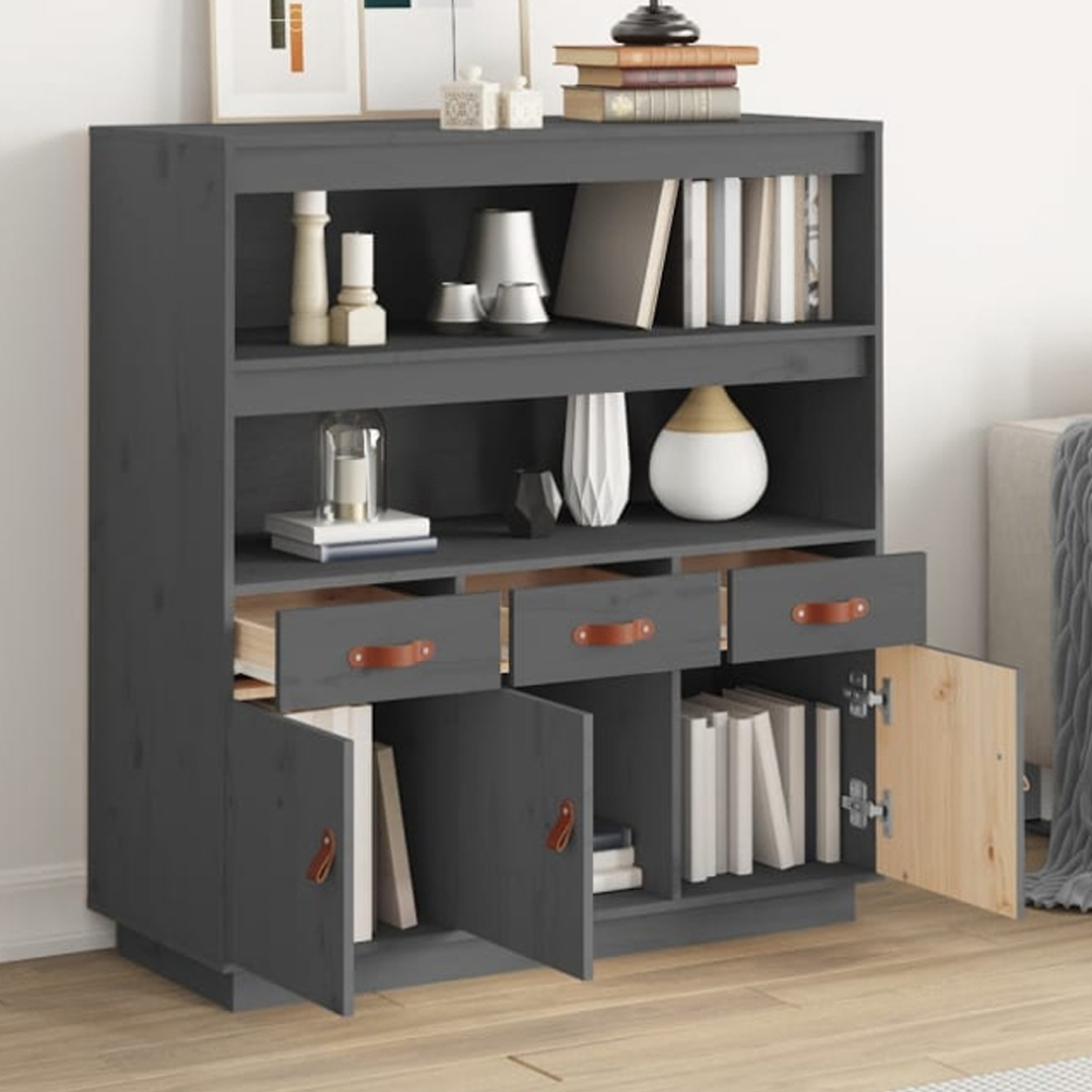 vidaXL 3 Door 3 Drawer 2 Shelf Grey Solid Pine Wood Highboard Image 1