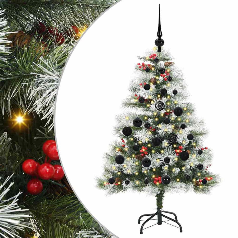 vidaXL Pre-Lit Black Baubles Green Artificial Snow Flocked Christmas Tree 4ft Image 2