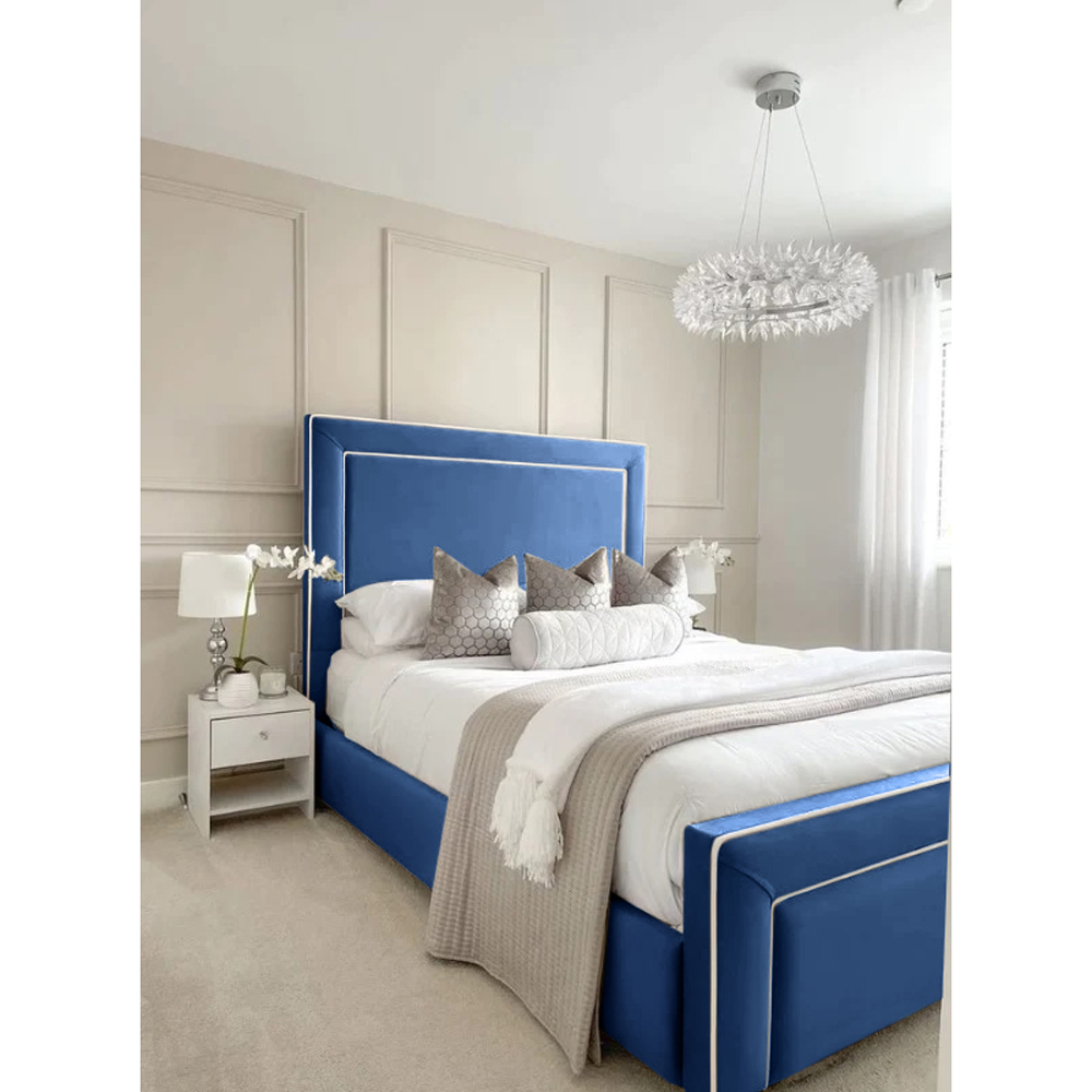 Eleganza Home Arring Super King Size Blue Plush Velvet Bed Frame with Headboard and Footboard Image 2