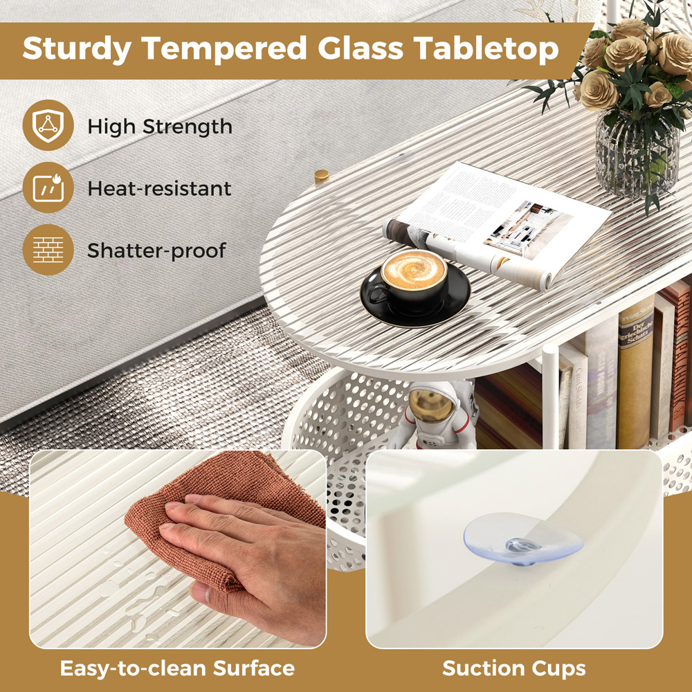 Costway Single Shelf White Bear Pattern Glass Coffee Table Image 6
