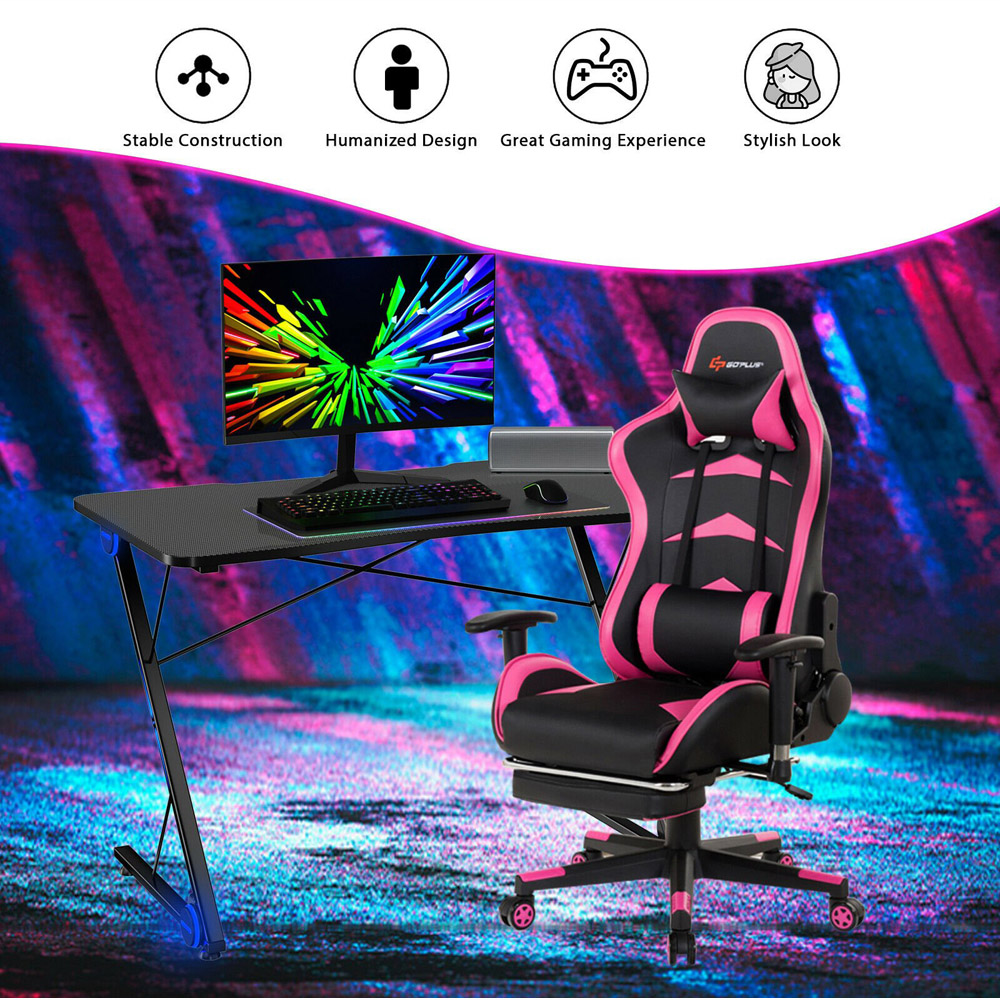 Costway Z Shaped Ergonomic Gaming Desk with Blue Lights Image 8