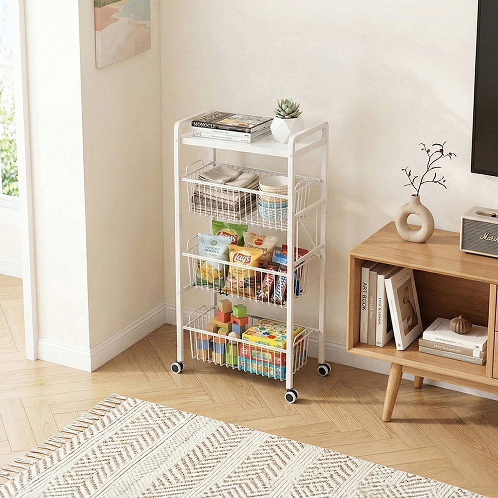 Living and Home 4-Tier White Carbon Steel Pull-Out Storage Trolley Image 2