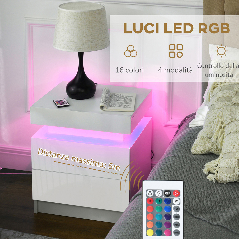Portland 2 Drawer White Bedside Table with LED Light Image 6