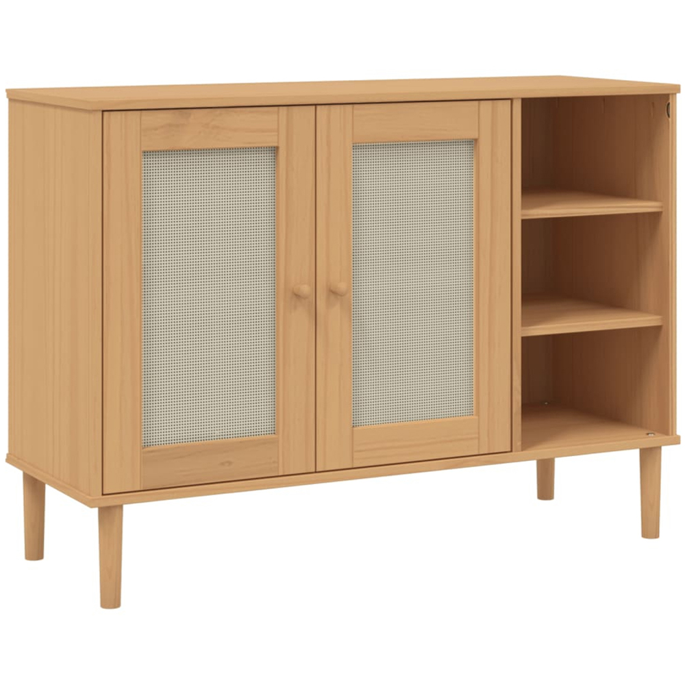 vidaXL 2 Rattan Door 3 Shelf Brown Pine Wood Sideboard Image 2