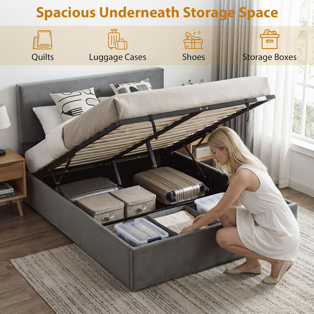Portland King Size Dark Grey Gas Lift-Up Bed Frame with Button-Tufted Headboard Image 3