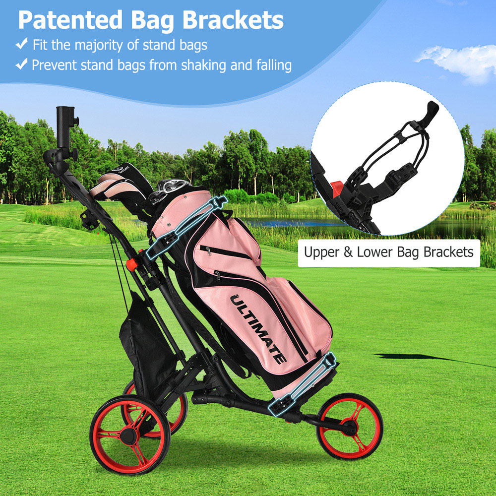 Costway Red 3 Wheel Golf Push Pull Cart with Adjustable Height Handle Image 4