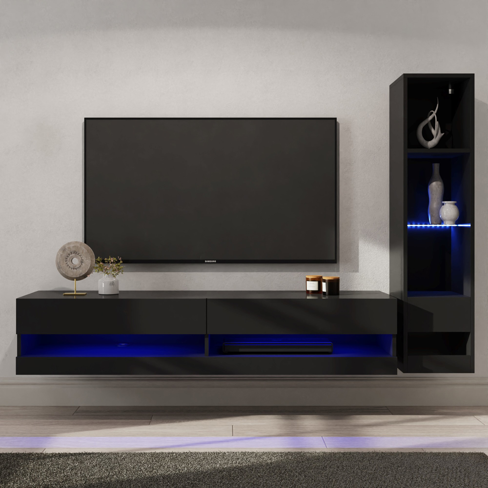 GFW Galicia 6 Shelf Black Compact Wall Mounted LED Media Set Image 1