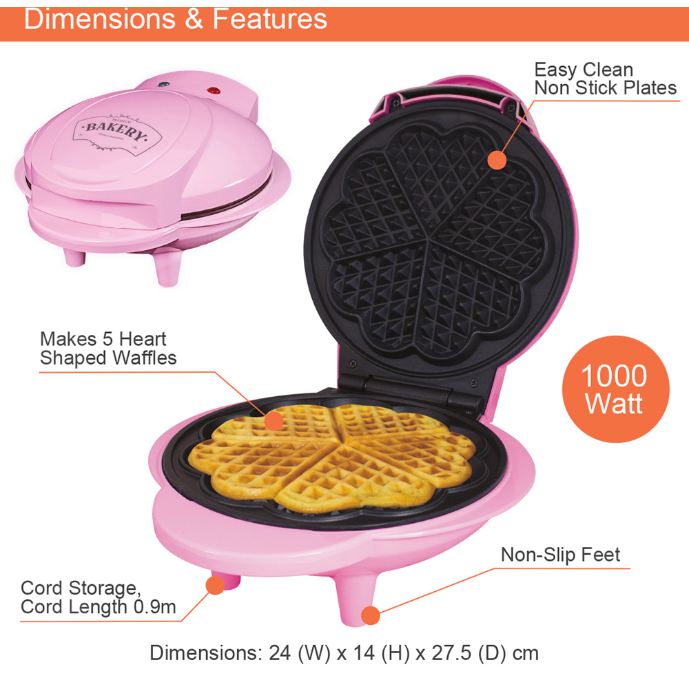 Global Gizmos Pink 25cm Waffle Maker Image 3
