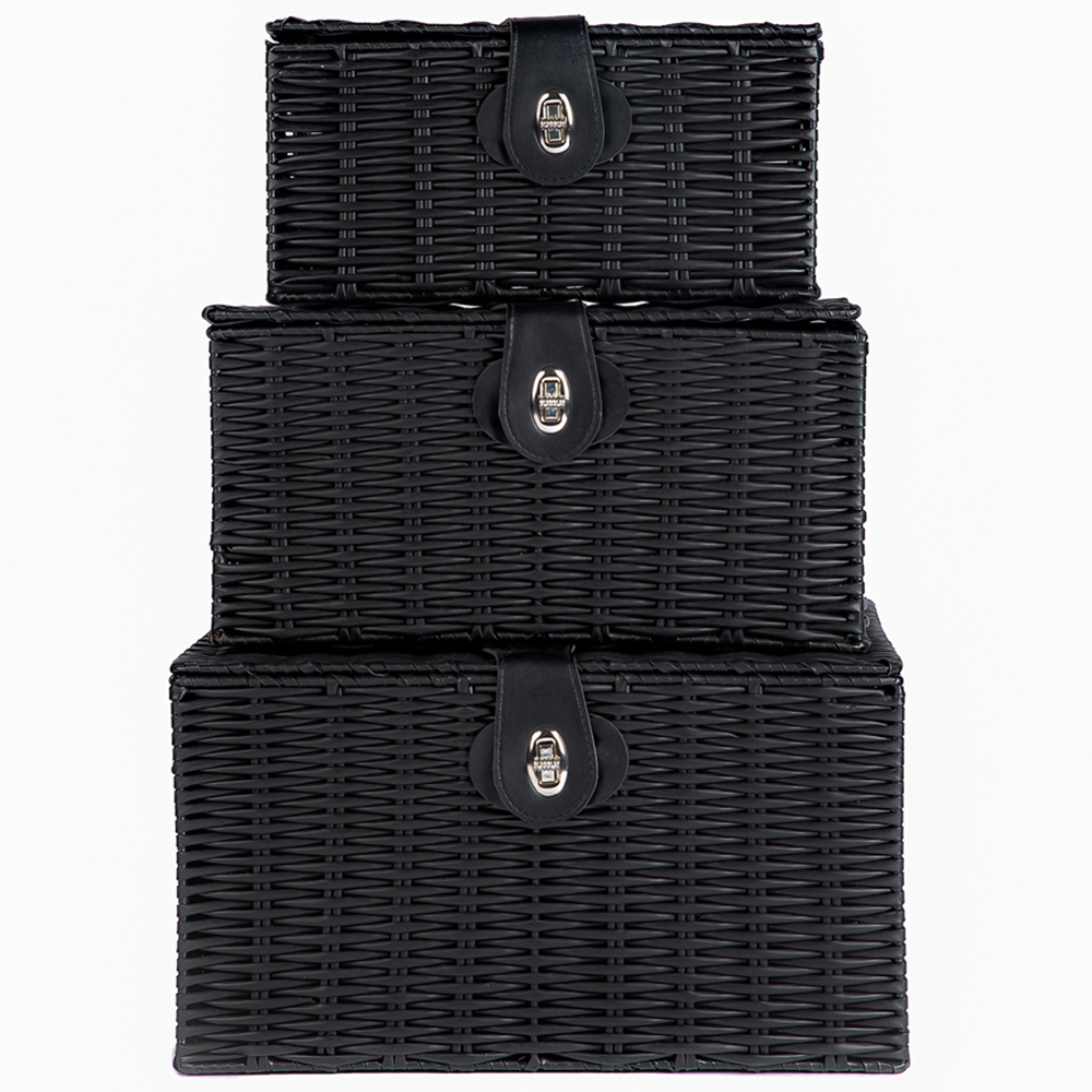 Innoteck Essentials Black Woven Hamper Storage Baskets with Lid 3 Pack Image 3